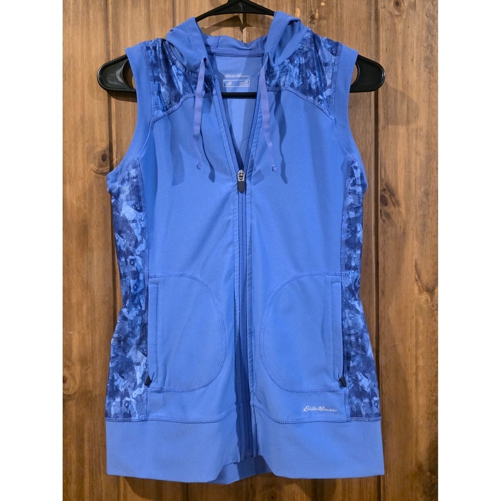 Eddie Bauer Vest Hoodie‎ Womens Size X-Small Blue Sleeveless Full Zip Pockets